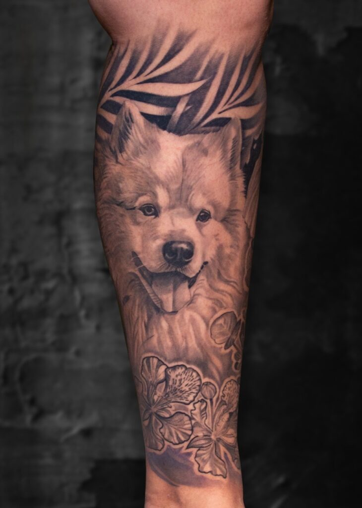 Realistic-black and grey Dog portrait by Satish Dorwekar at colour core tattoos