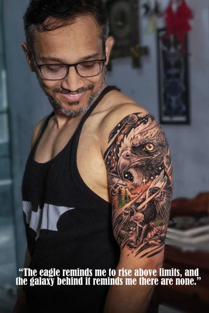 double exosure eagle tattoo by Satish Dorwekar