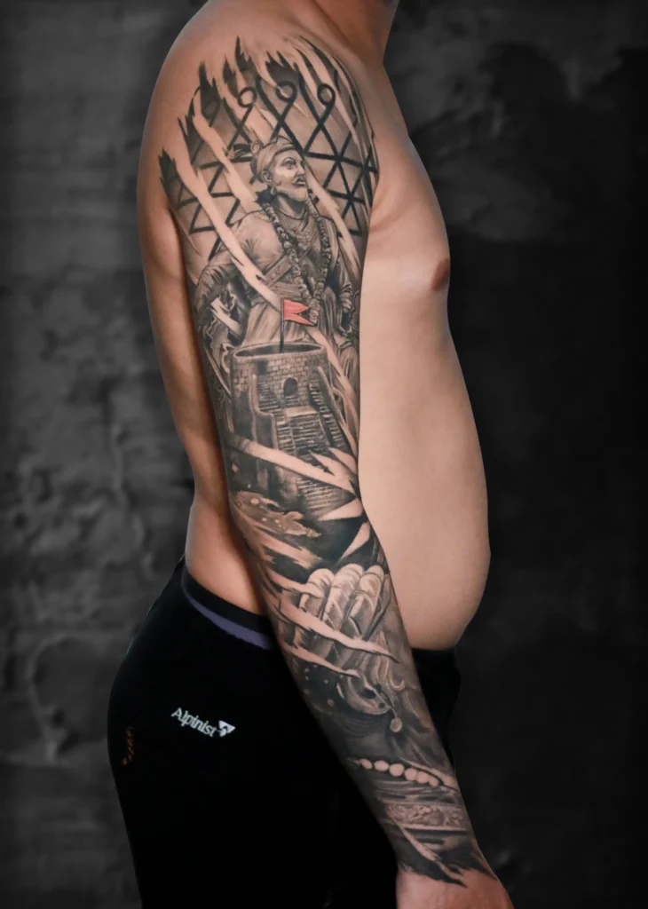 chatrapati shivaji maharaj sleeve tattoo by satish dorwekar at colour core tattoos pune